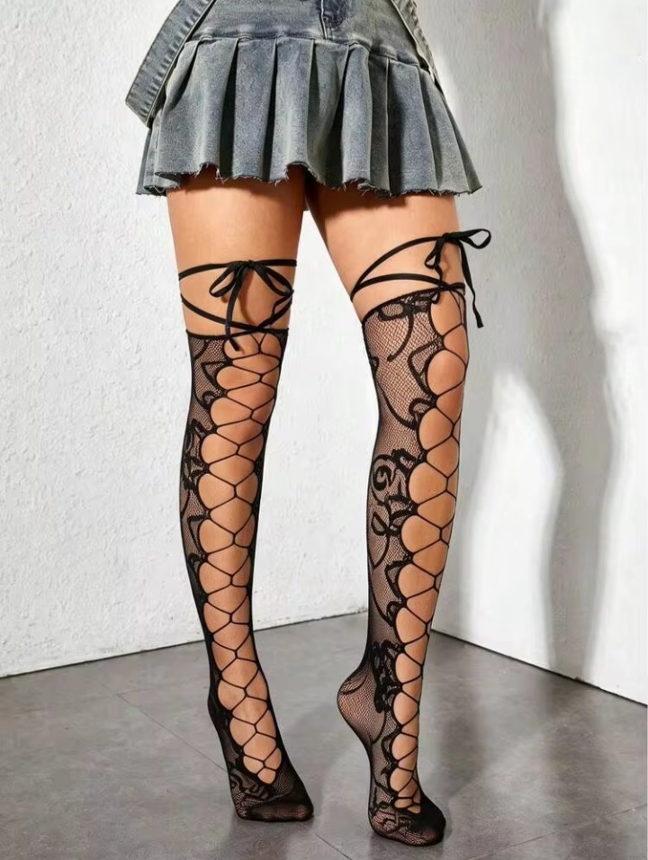 Women’s Black Lace-Up Over-the-Knee Fishnet Stockings – Crisscross Sheer Thigh-High Hosiery